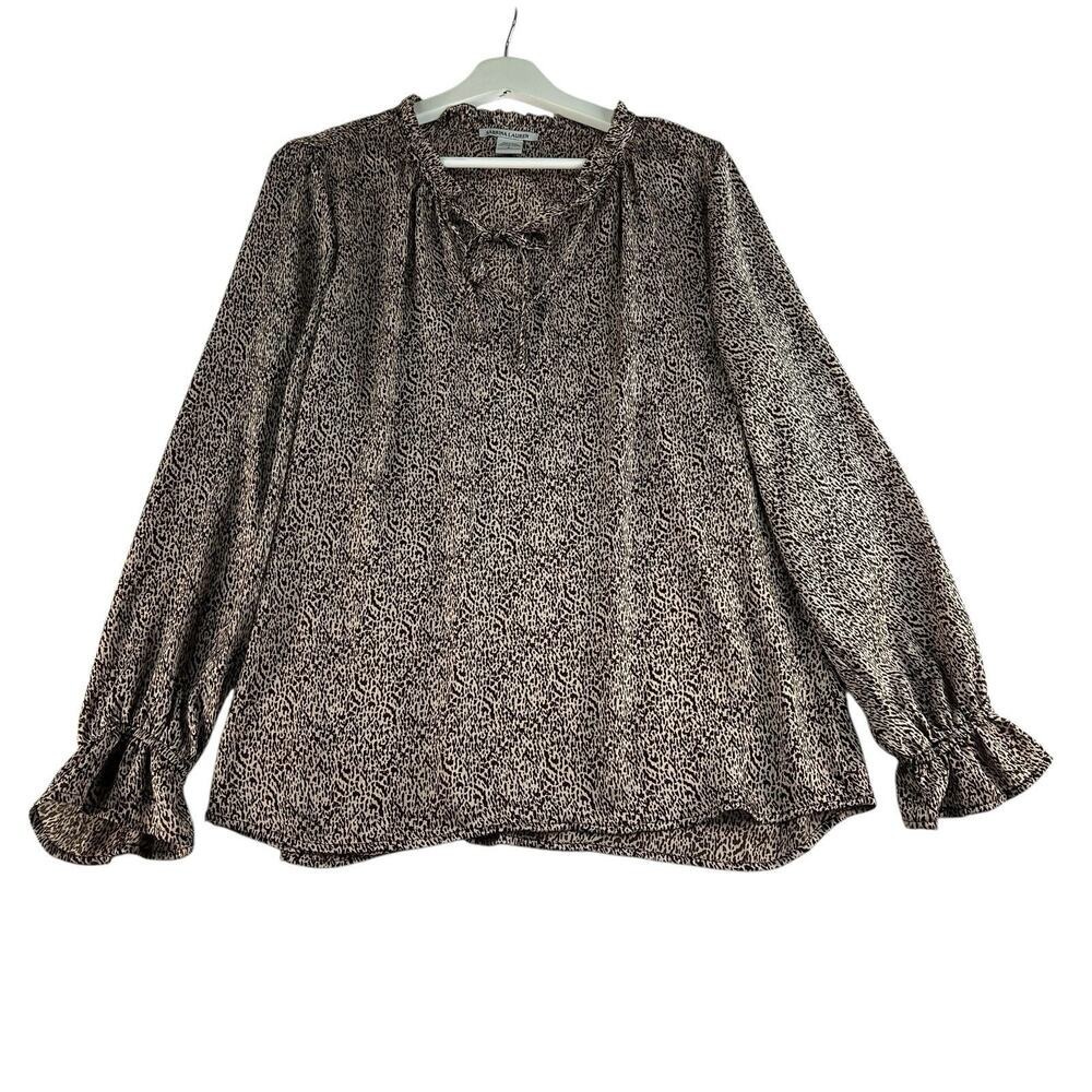 Sabrina Lauren L‎ Large Blouse Animal Print Ruffle V-Neck Long Sleeve Flowy Work